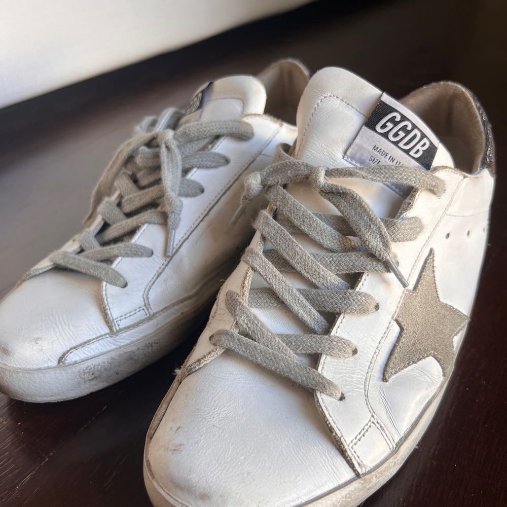 Golden Goose size 38 Superstar glittered distressed leather and suede sneakers